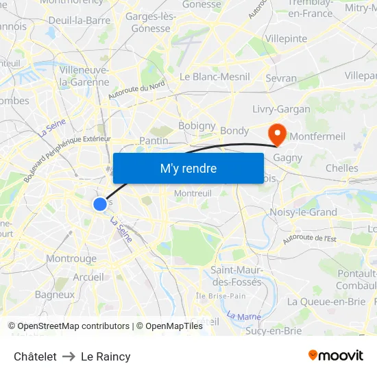 Châtelet to Le Raincy map