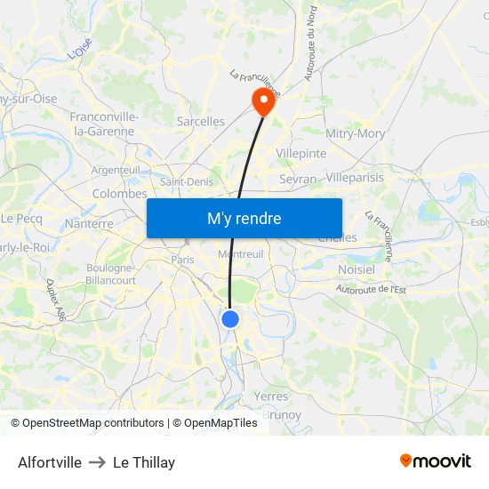 Alfortville to Le Thillay map