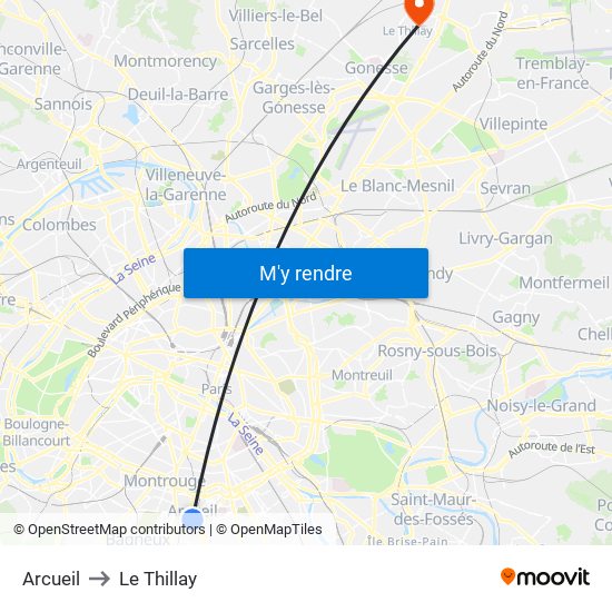 Arcueil to Le Thillay map