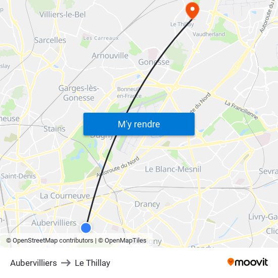 Aubervilliers to Le Thillay map