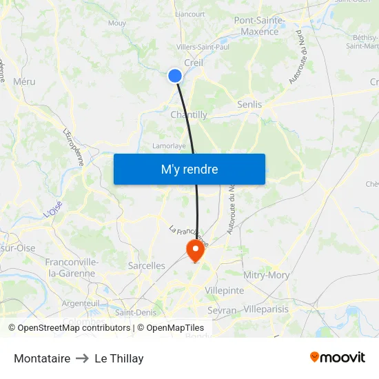 Montataire to Le Thillay map