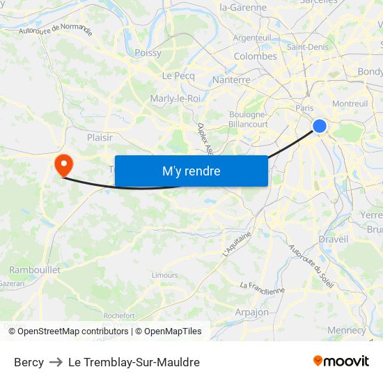 Bercy to Le Tremblay-Sur-Mauldre map