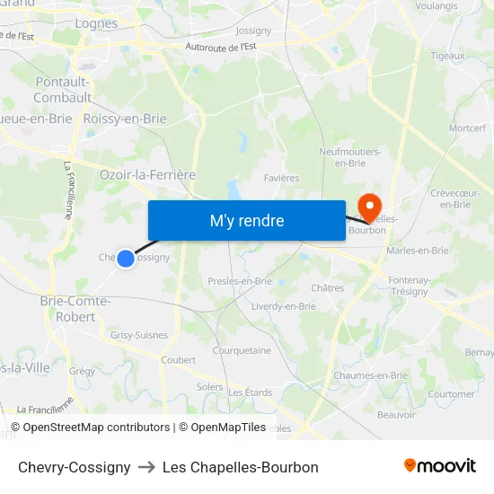 Chevry-Cossigny to Les Chapelles-Bourbon map