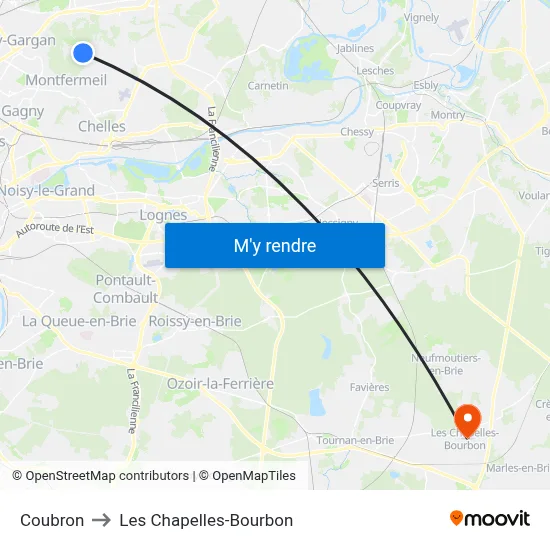 Coubron to Les Chapelles-Bourbon map