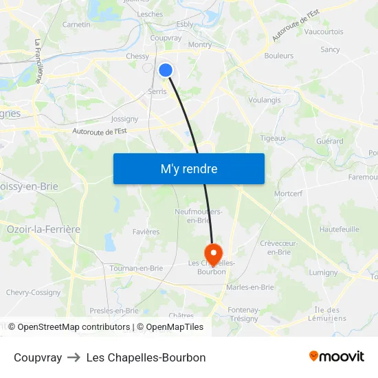 Coupvray to Les Chapelles-Bourbon map
