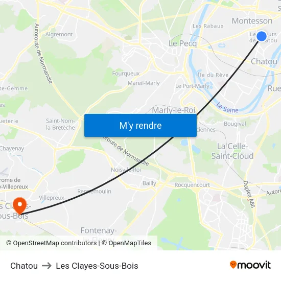 Chatou to Les Clayes-Sous-Bois map