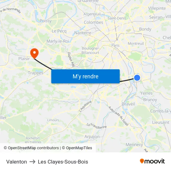 Valenton to Les Clayes-Sous-Bois map