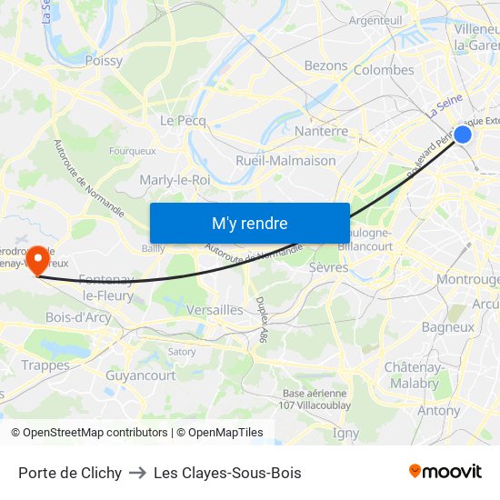 Porte de Clichy to Les Clayes-Sous-Bois map