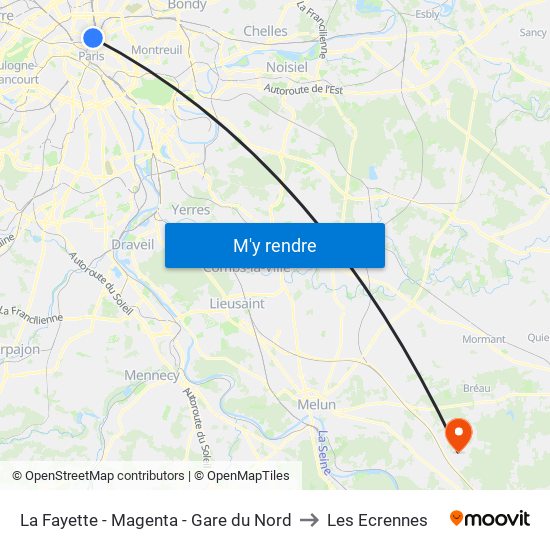 La Fayette - Magenta - Gare du Nord to Les Ecrennes map