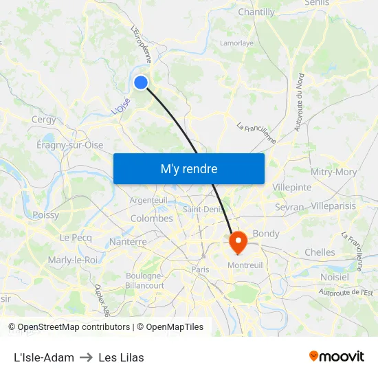 L'Isle-Adam to Les Lilas map