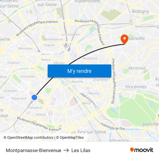 Montparnasse-Bienvenue to Les Lilas map