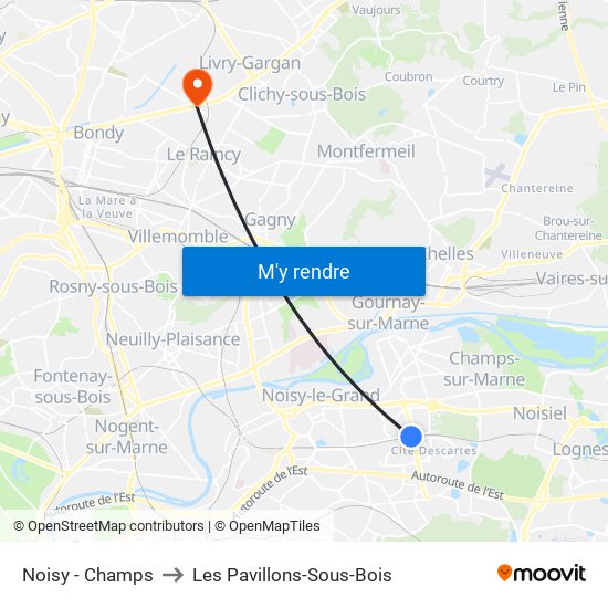Noisy - Champs to Les Pavillons-Sous-Bois map