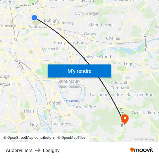 Aubervilliers to Lesigny map