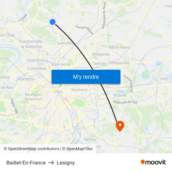 Baillet-En-France to Lesigny map
