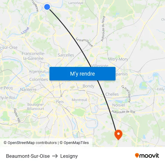 Beaumont-Sur-Oise to Lesigny map