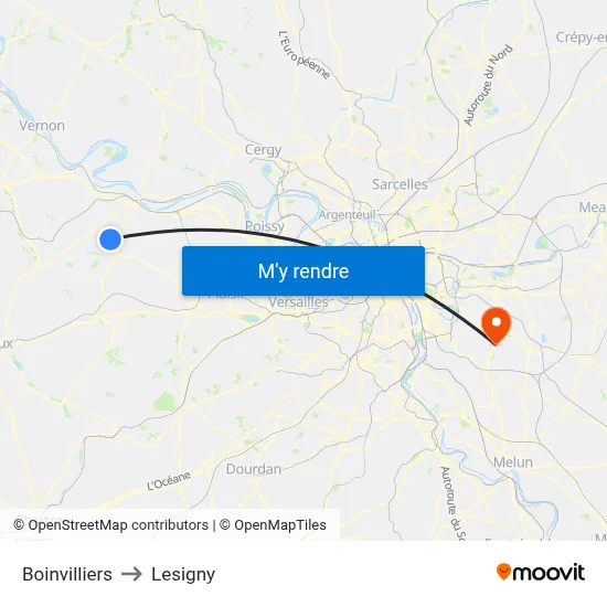 Boinvilliers to Lesigny map