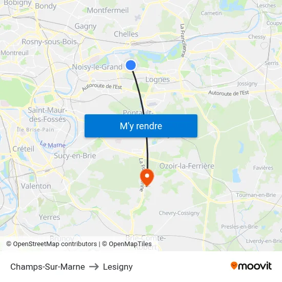 Champs-Sur-Marne to Lesigny map