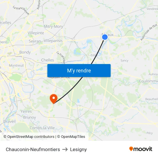 Chauconin-Neufmontiers to Lesigny map