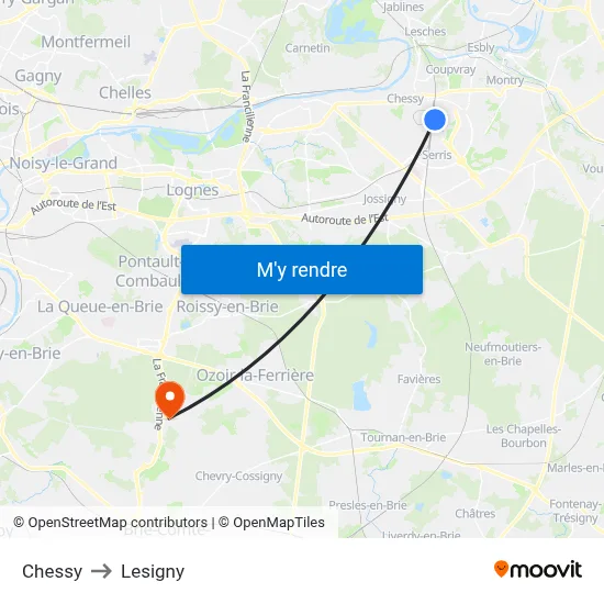 Chessy to Lesigny map