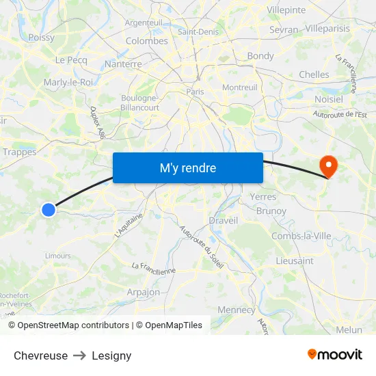 Chevreuse to Lesigny map
