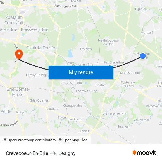 Crevecoeur-En-Brie to Lesigny map