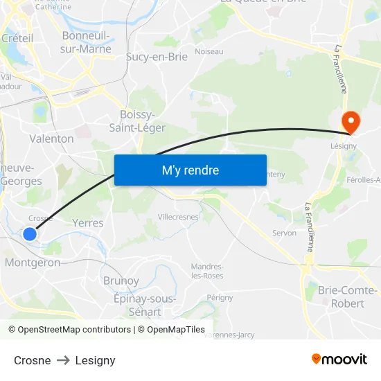 Crosne to Lesigny map
