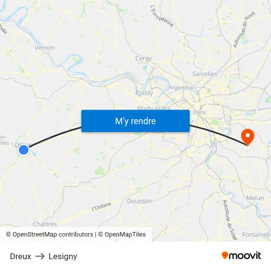 Dreux to Lesigny map