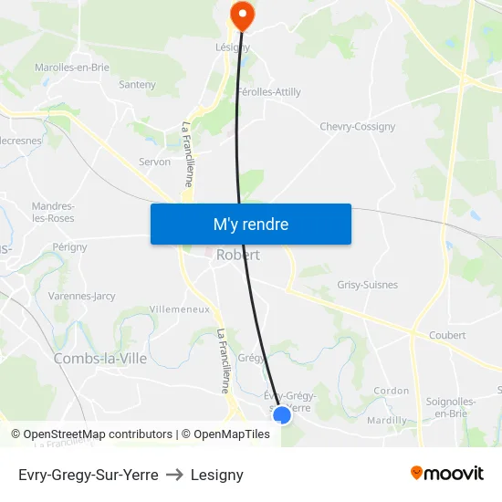 Evry-Gregy-Sur-Yerre to Lesigny map