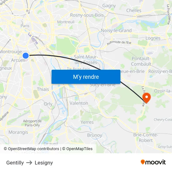 Gentilly to Lesigny map