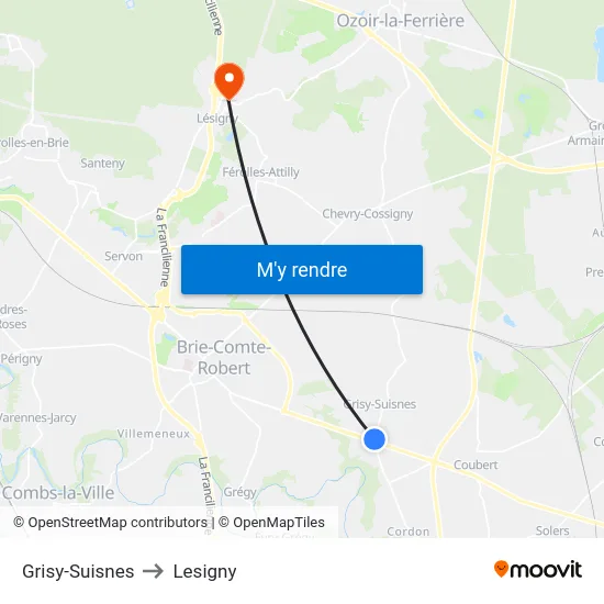Grisy-Suisnes to Lesigny map