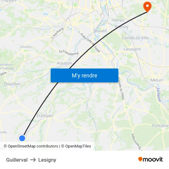 Guillerval to Lesigny map
