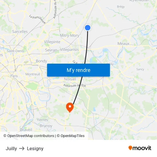 Juilly to Lesigny map