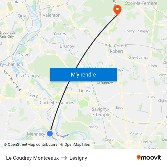 Le Coudray-Montceaux to Lesigny map