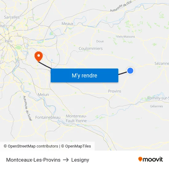 Montceaux-Les-Provins to Lesigny map