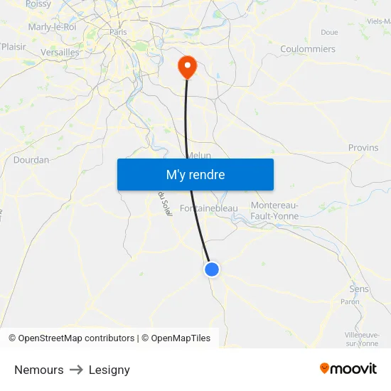 Nemours to Lesigny map