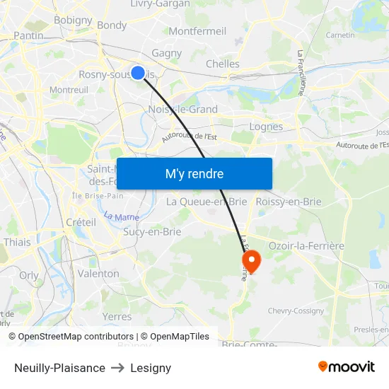 Neuilly-Plaisance to Lesigny map