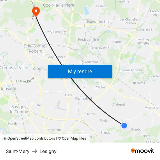 Saint-Mery to Lesigny map