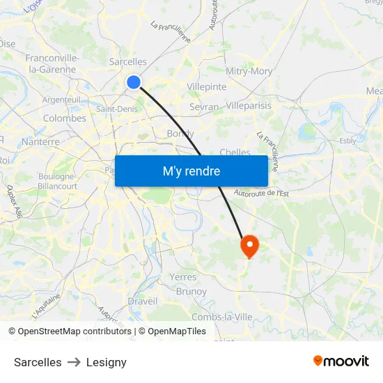 Sarcelles to Lesigny map