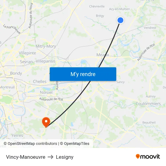 Vincy-Manoeuvre to Lesigny map