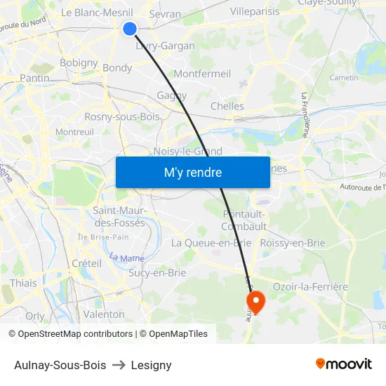 Aulnay-Sous-Bois to Lesigny map