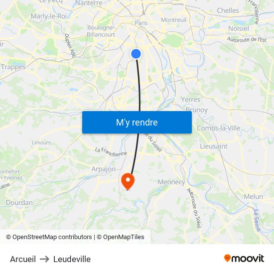 Arcueil to Leudeville map