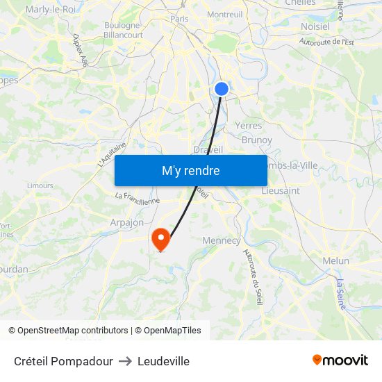 Créteil Pompadour to Leudeville map