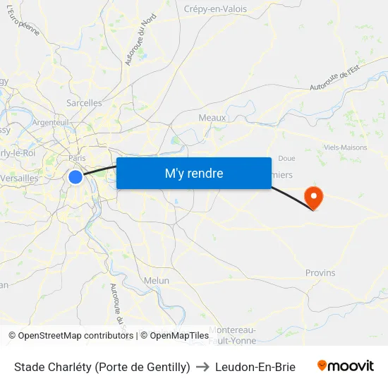 Stade Charléty (Porte de Gentilly) to Leudon-En-Brie map