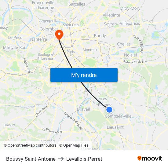 Boussy-Saint-Antoine to Levallois-Perret map