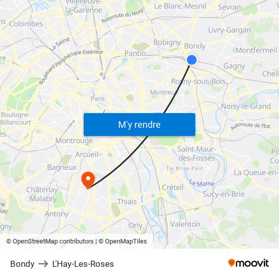 Bondy to L'Hay-Les-Roses map