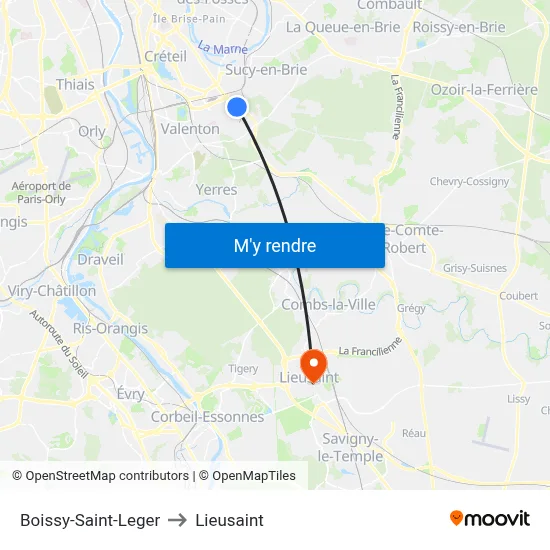Boissy-Saint-Leger to Lieusaint map