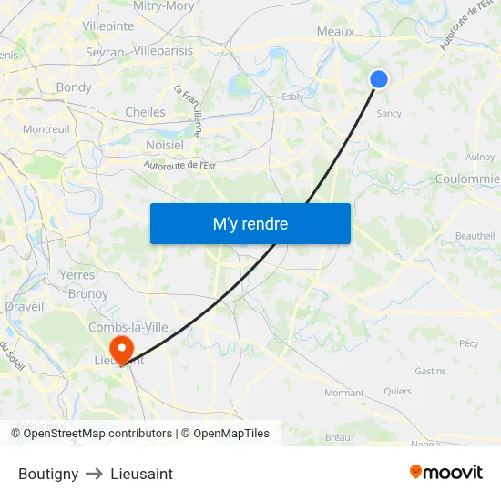 Boutigny to Lieusaint map