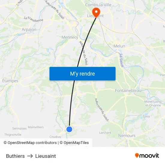 Buthiers to Lieusaint map