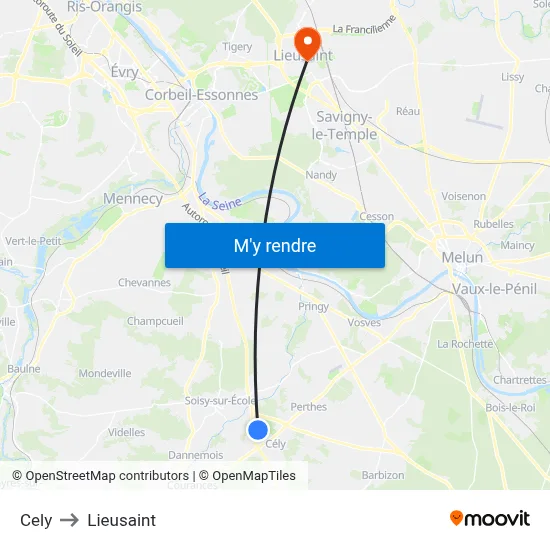 Cely to Lieusaint map