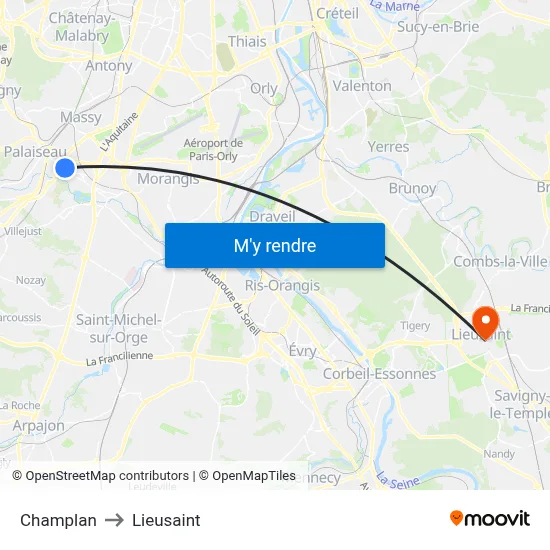 Champlan to Lieusaint map